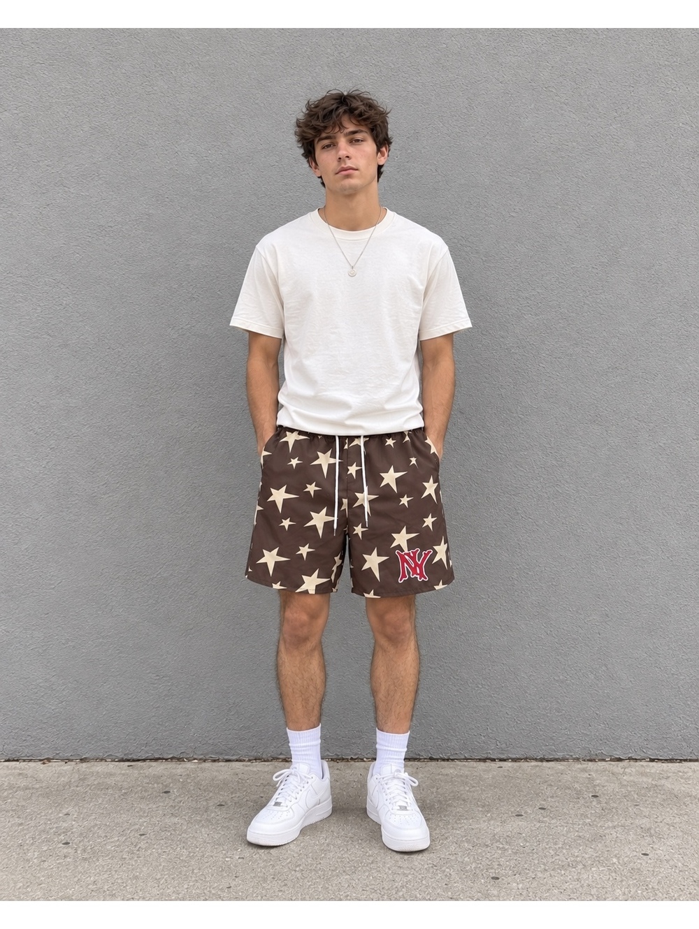 ROMWE Men’s Brown Star Print Drawstring Shorts Size S
